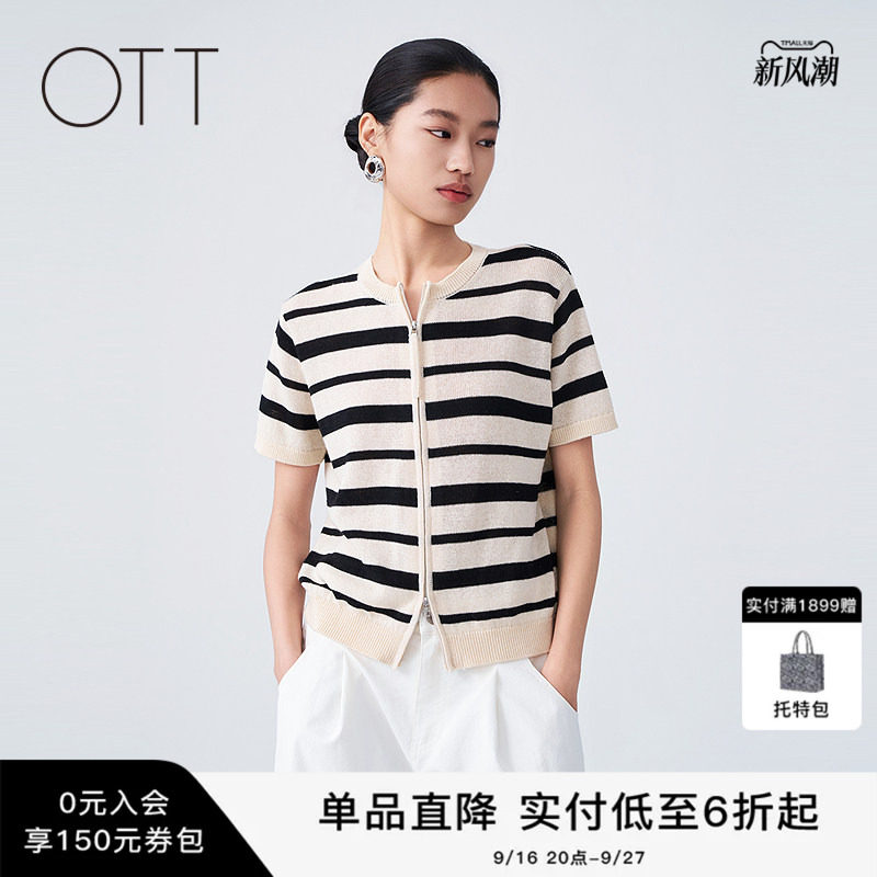 夏季条纹短袖拉链针织开衫女图片