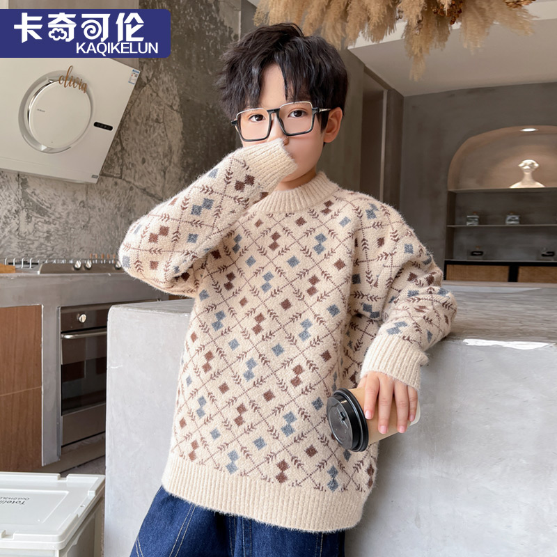 男童毛衣秋冬款2025新款儿童针织衫加绒加厚男大童水貂绒男孩冬季