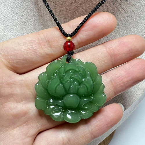 新款玻璃和田玉莲花吊坠男士女款碧玉荷花玉佩玉石项链玉坠毛衣链