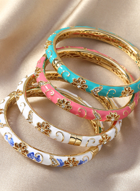 新中式景泰蓝青花瓷手镯女掐丝珐琅开口双层手环复古国风旗袍饰品