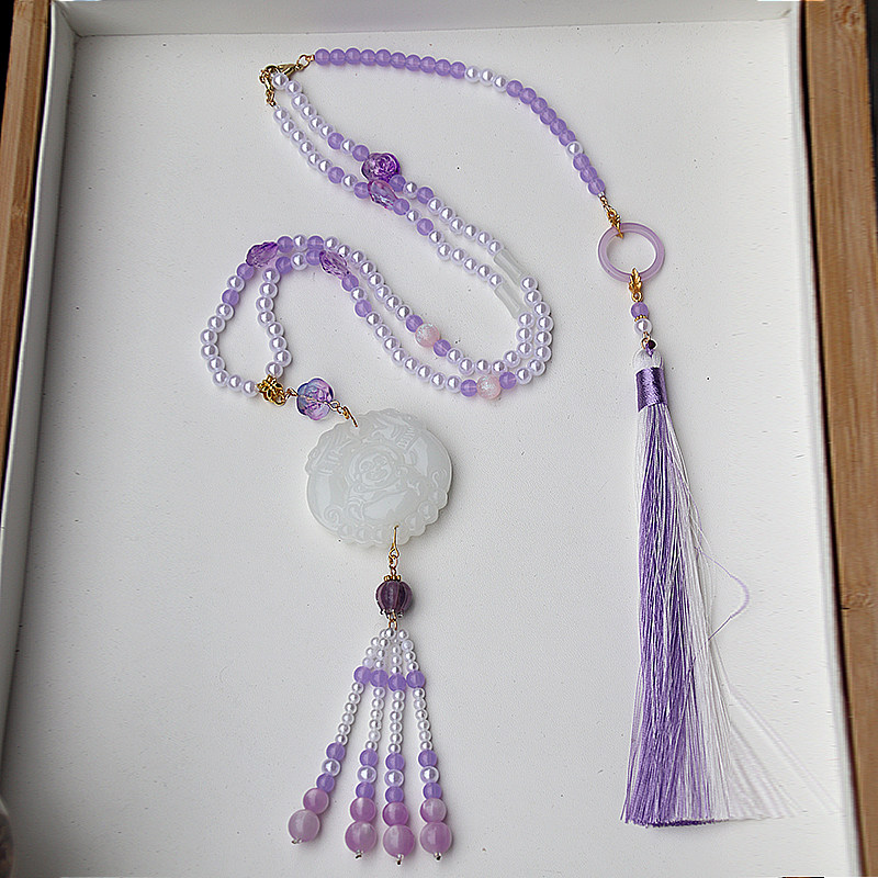新中式国风马面裙配饰明制长璎珞背云古风白玉汉服项链紫色女穗子