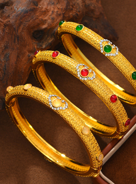 新中式沙金复古点钻细手镯国风开口手饰宝石镯子气质百搭首饰品女