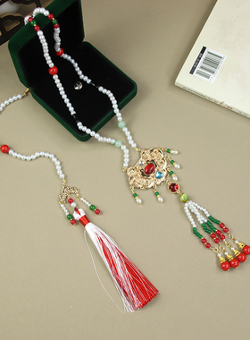 新中式古风平安锁背云红色长璎珞流苏项链女国风汉服马面裙配饰品