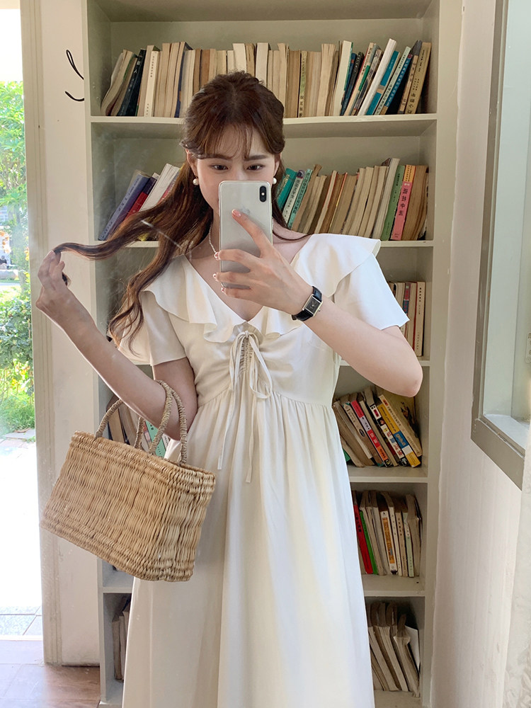 vivis法式穿搭别致绑带荷叶领抽绳连衣裙子春夏季新款女装2023年