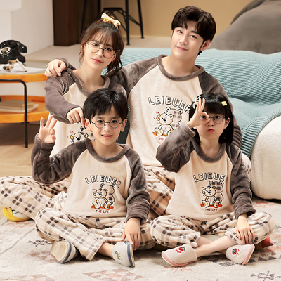 亲子一家三口法兰绒睡衣冬季圆领