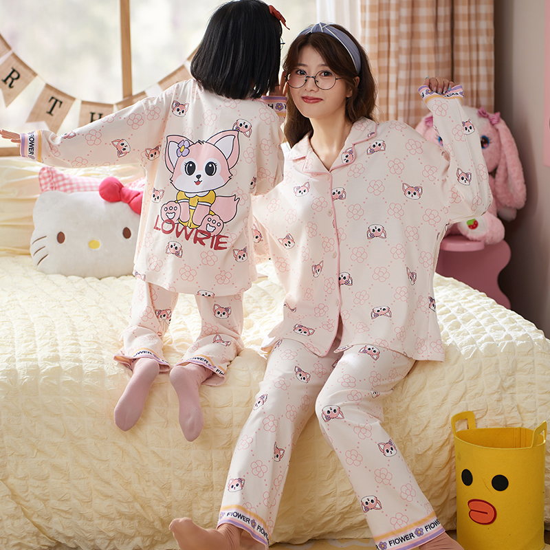 春秋季母女纯棉家居服卡通开衫款