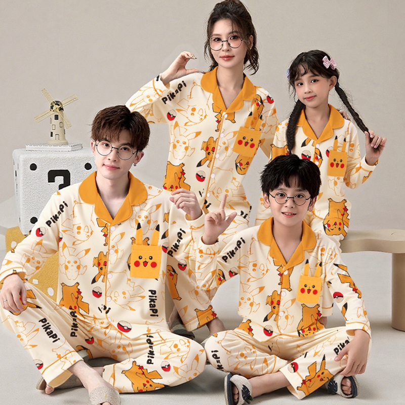 2025新款亲子装睡衣春秋季长袖纯棉卡通一家三口全棉皮卡丘家居服