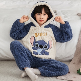 儿童法兰绒睡衣男孩冬季保暖珊瑚绒男童连帽大童初中生家居服套装