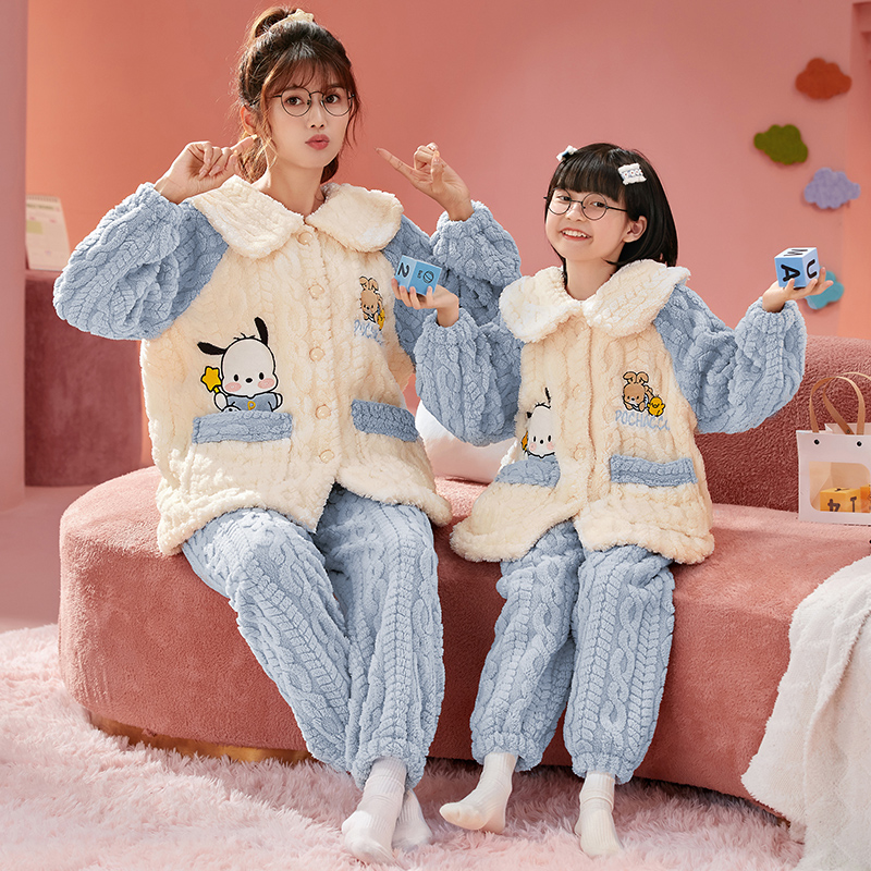 母女装睡衣亲子家居服套装加绒冬季厚款法兰绒卡通加厚珊瑚绒保暖