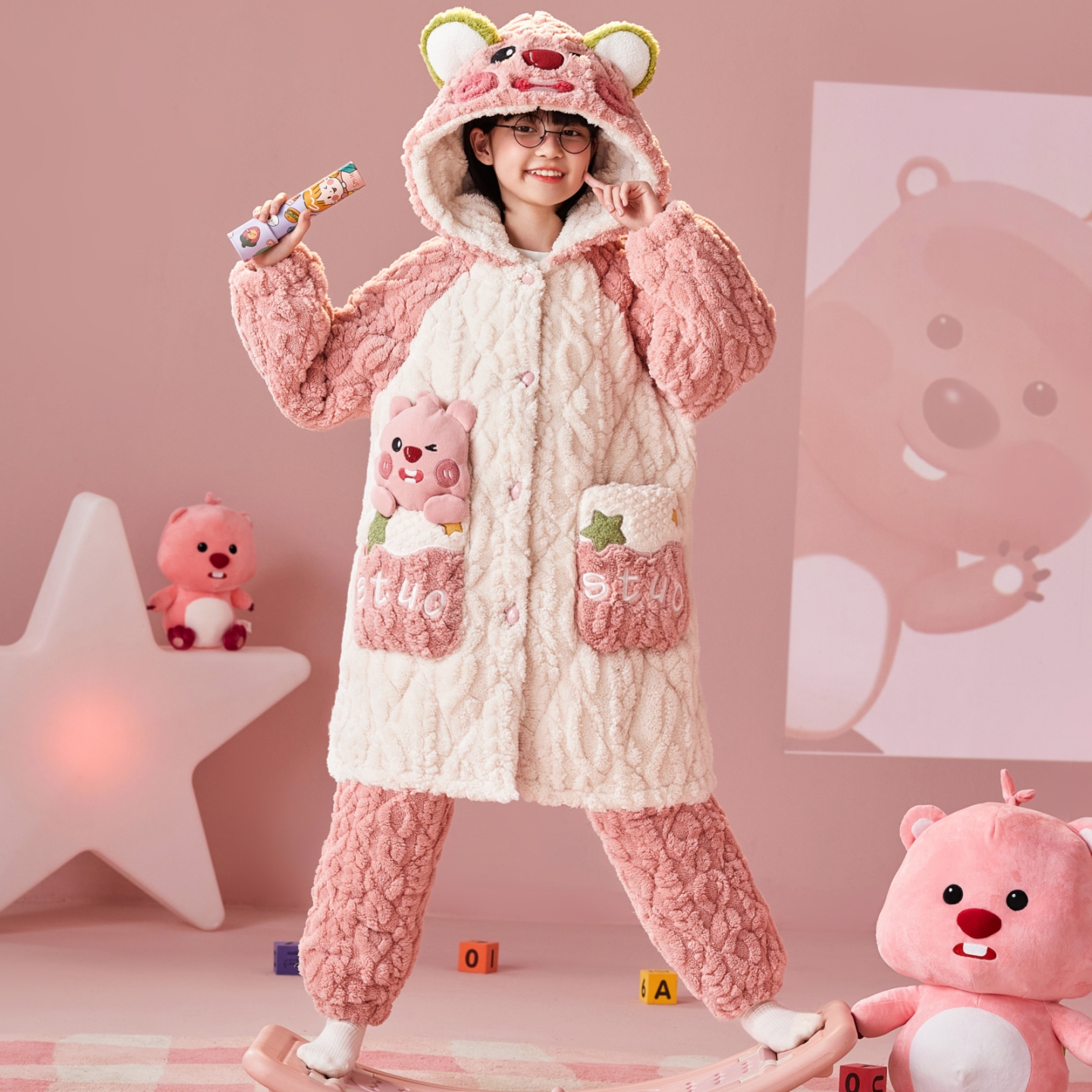 女童法兰绒三层加厚夹棉家居服