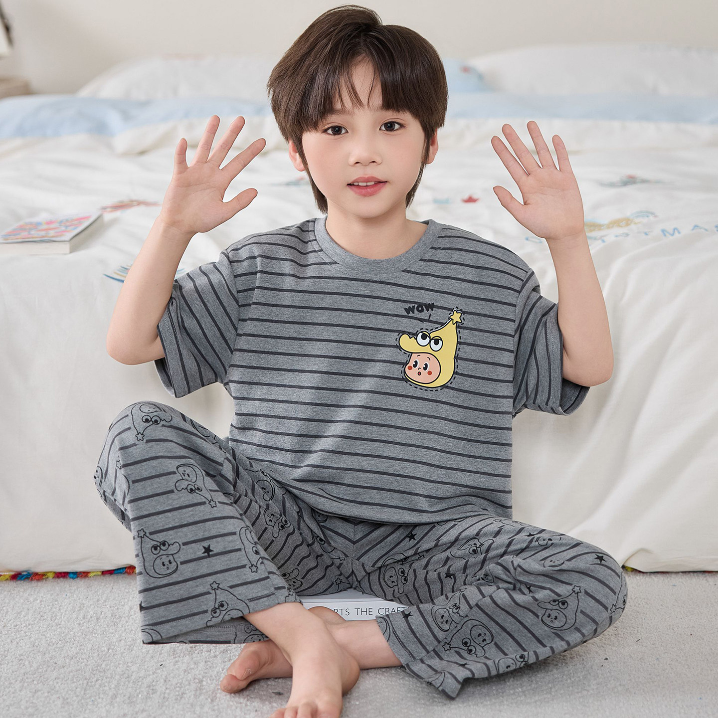 儿童睡衣男童夏季纯棉短袖长裤家居服宝宝中大童夏天空调服套装