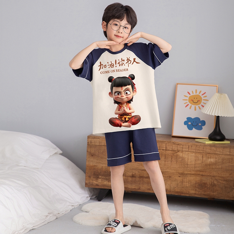儿童睡衣男童空调服纯棉薄款套装