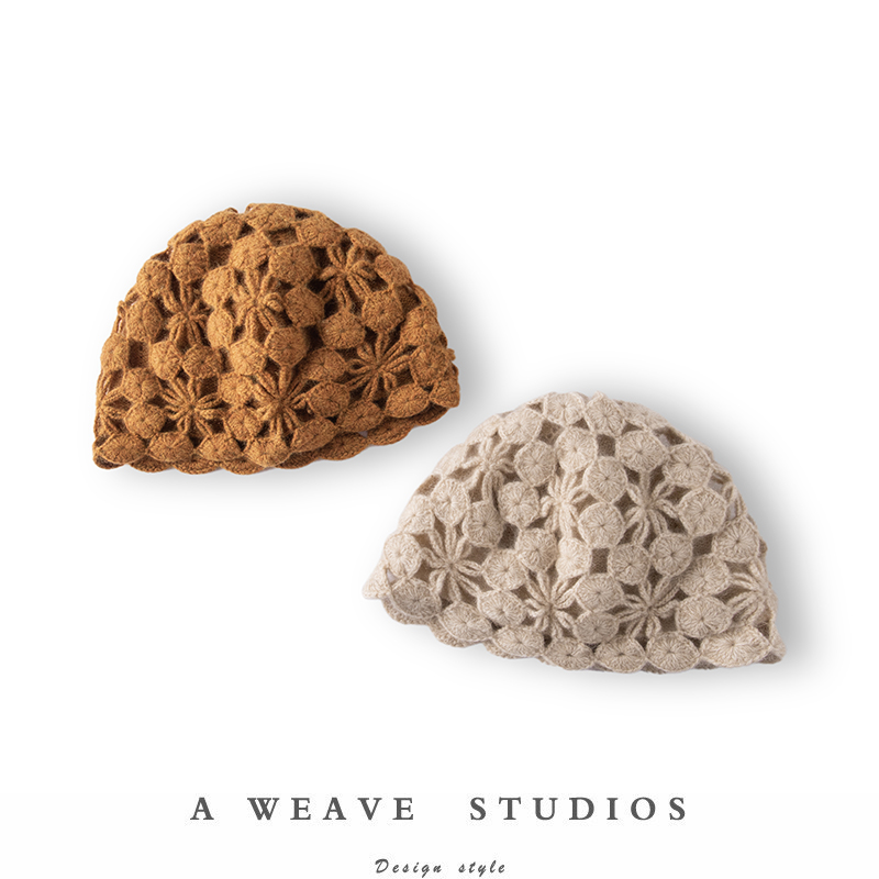 精美镂空女帽~法式手工编织双层镂空钩花纯羊绒针织包头帽贝雷帽