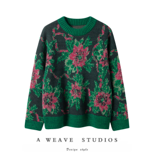 圆领套头衫 绿色提花山羊绒针织衫 宽松显瘦羊绒毛衣女 灿烂 绽放