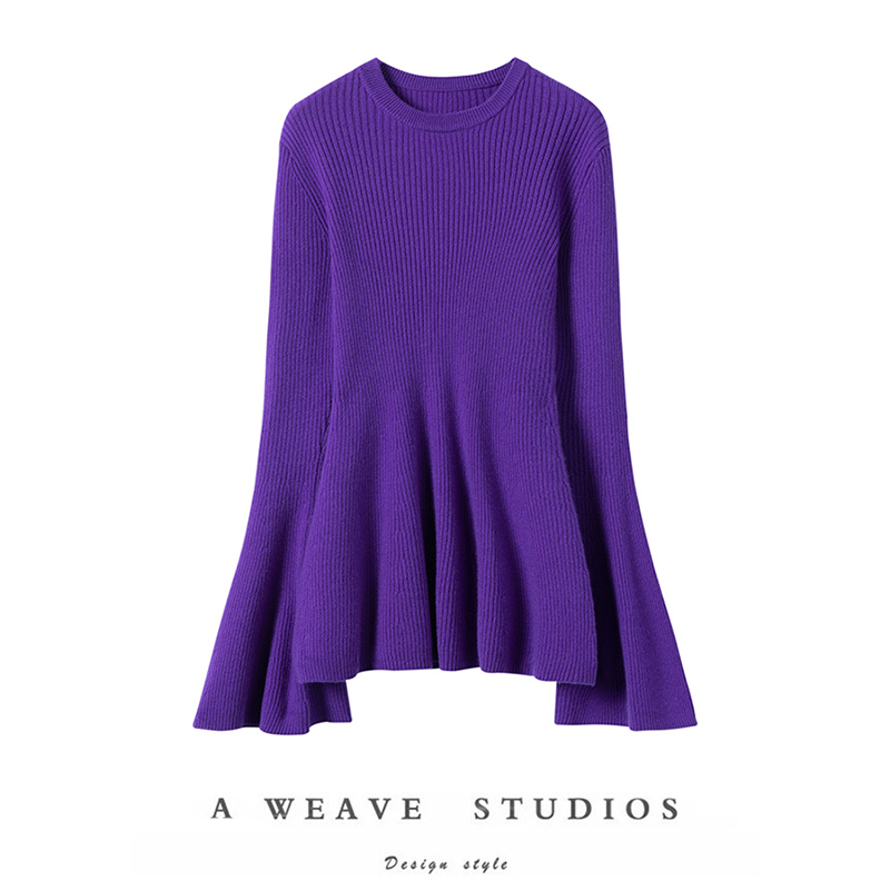 高质量时髦段位~100%山羊绒喇叭袖坑条沙漏型修身针织上衣