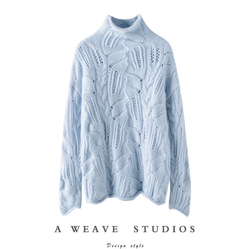 温婉时髦气质~100%纯山羊绒衫女镂空秋冬半高领时尚纯色针织衫