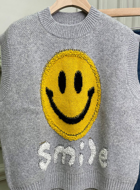 开启快乐初秋！黄色绿色笑脸100%羊绒圆领马甲 立体工艺生动活泼