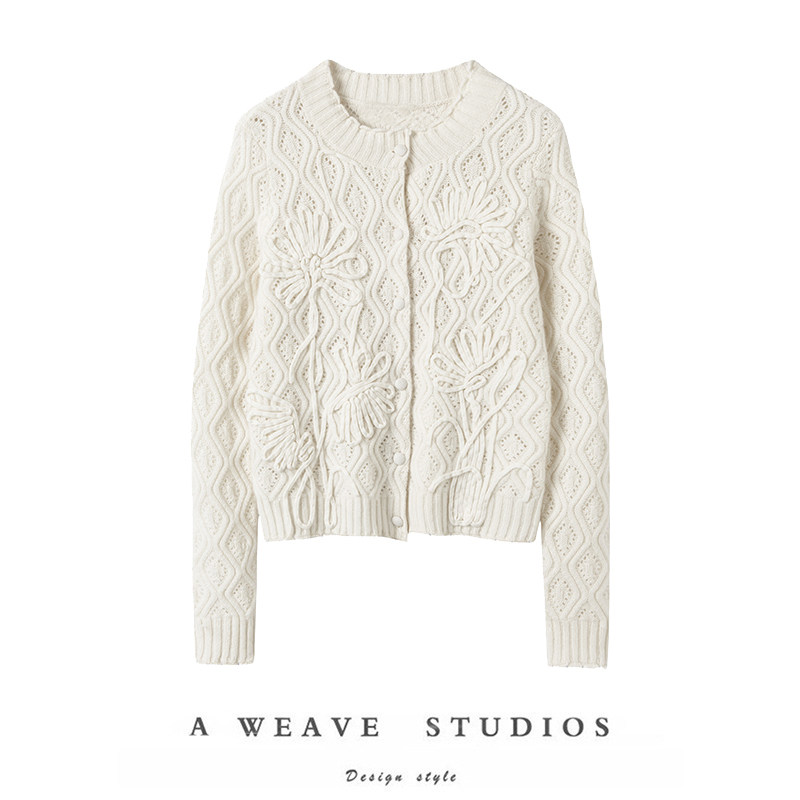 浮雕羊绒衫女开衫白色山羊绒针织