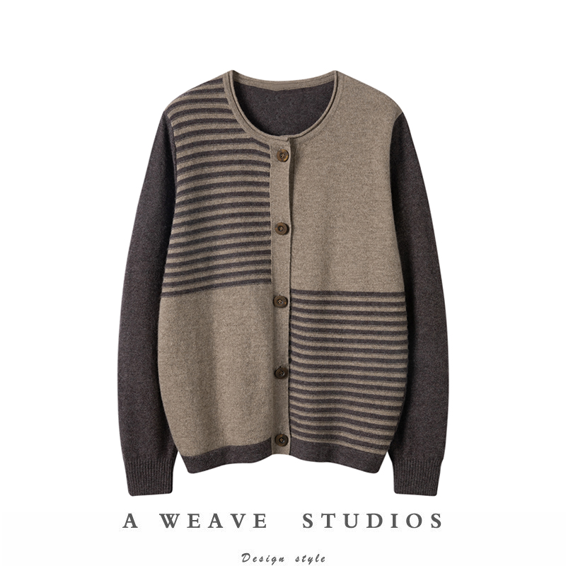 高雅知性光芒!春款提花半面条纹羊绒开衫   复古拼色