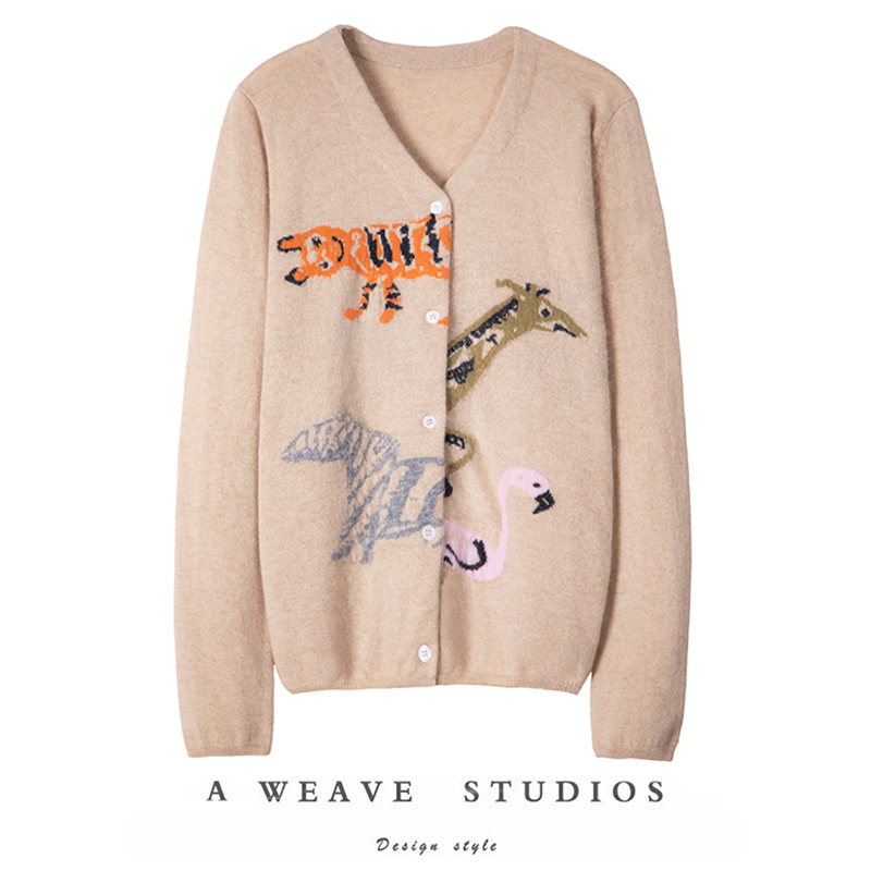 云端奢享！动物提花V领山羊绒开衫女纯羊绒毛衣针织开衫外套秋冬