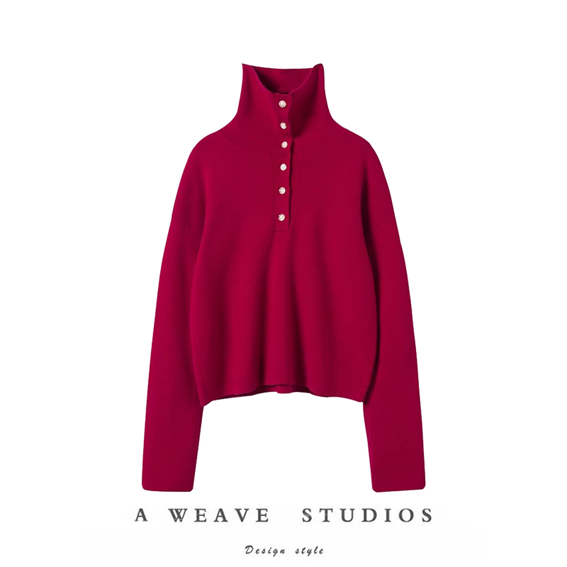 山羊绒多扣高领针织上衣