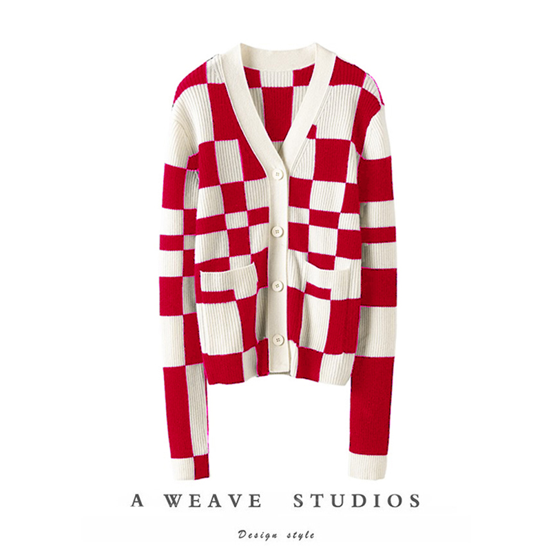 棋盘格100%纯山羊绒外套女