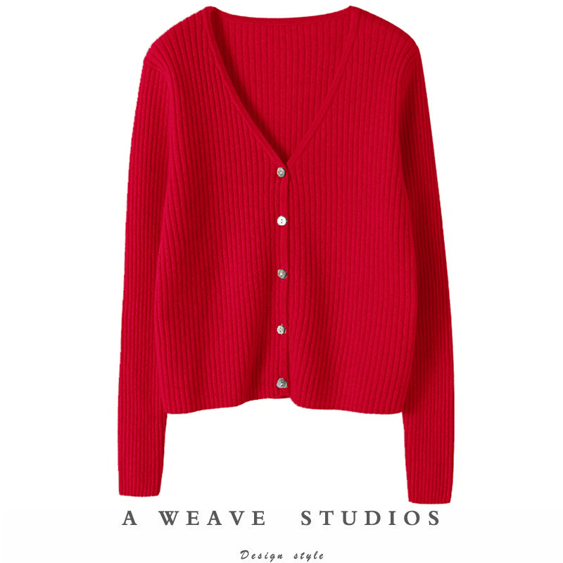 纯羊绒开衫女V领坑条短款羊绒