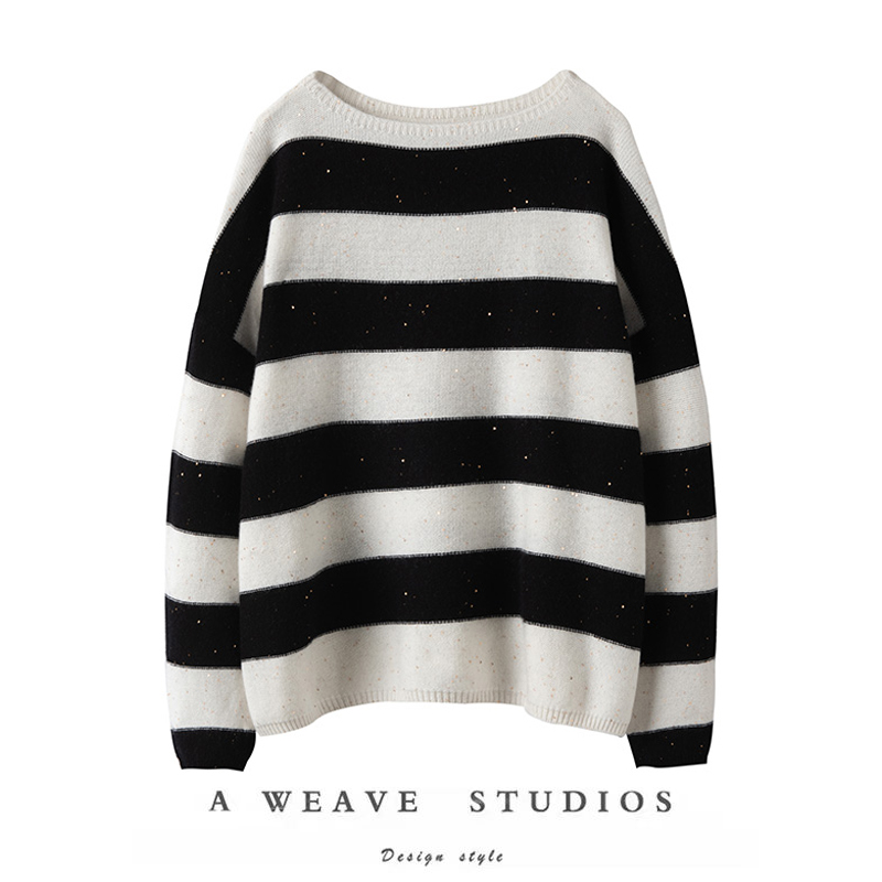 这羊绒太舒服了~ 100%纯山羊绒亮片条纹圆领针织衫毛衣女-封面