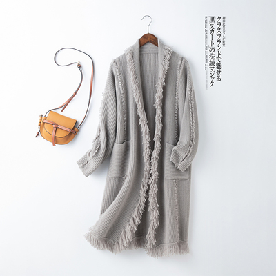 自带气场流苏~羊绒开衫女中长款毛衣100纯山羊绒加厚大衣针织外套