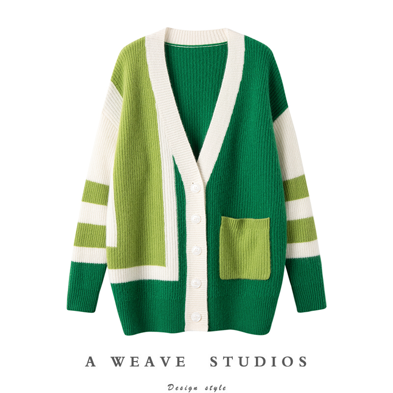 V领设计感撞色慵懒风加厚毛衣女