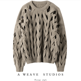 王炸秀场风范 女圆领纯羊绒毛衣厚 大克重手工编织镂空造型羊绒衫
