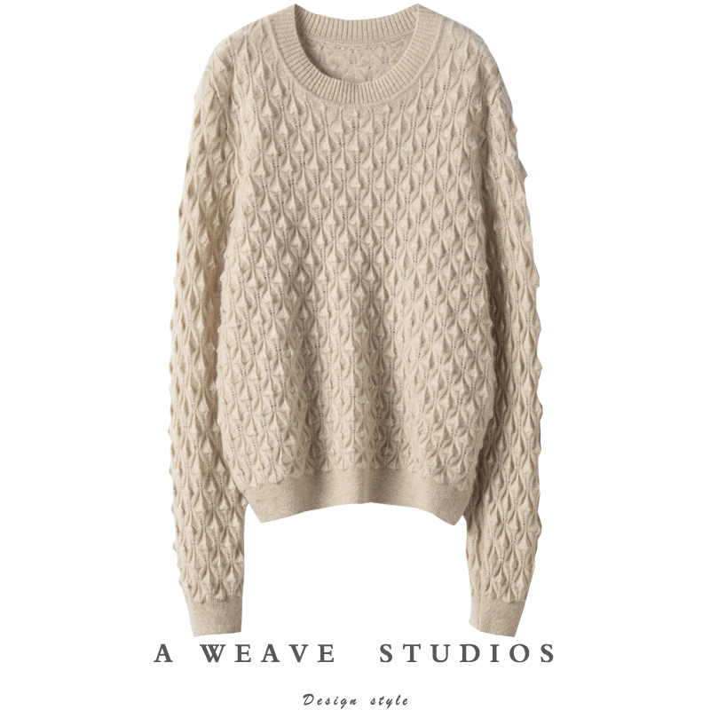 镂空菠萝纹长袖针织衫纯山羊绒