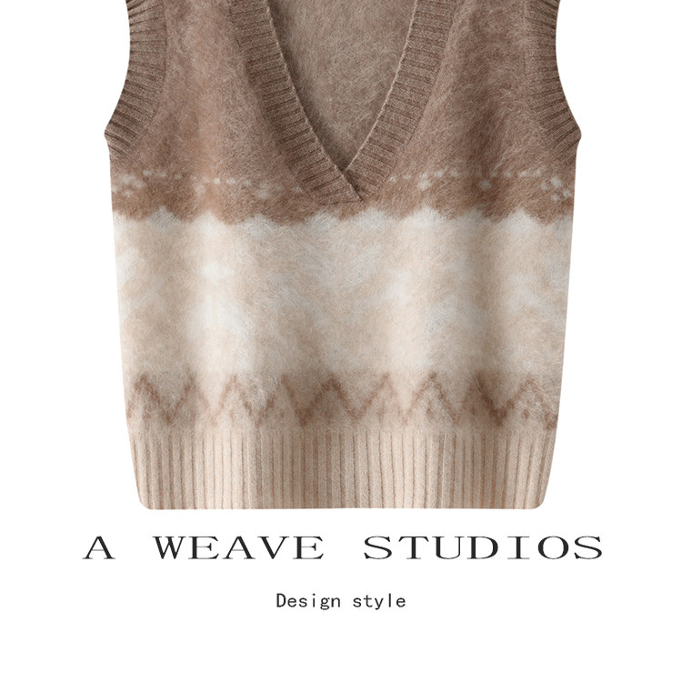 费尔岛提花拉绒羊绒背心鄂家同款无染色羊绒马甲女V领套头毛衣