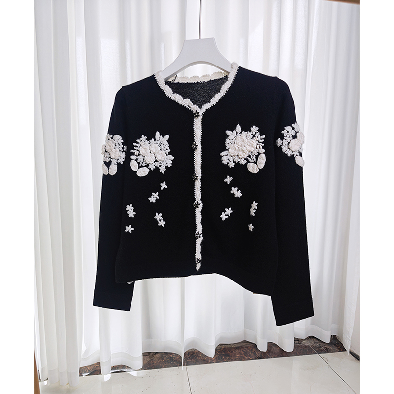 绒暖斯特【立体花朵钩花】100%纯山羊绒针织开衫小香风羊绒衫外套