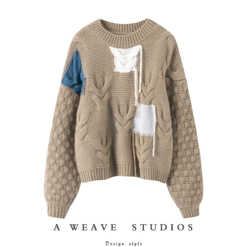 上身好看设计拼接纯羊绒衫宽松