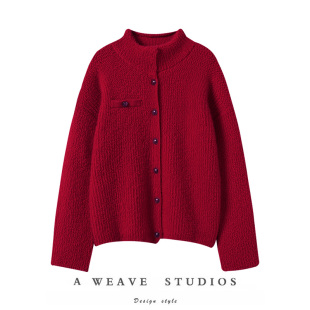 女宽松外套 毛巾圈加厚毛衣开衫 一万个推荐 车厘子红100%山羊绒衫