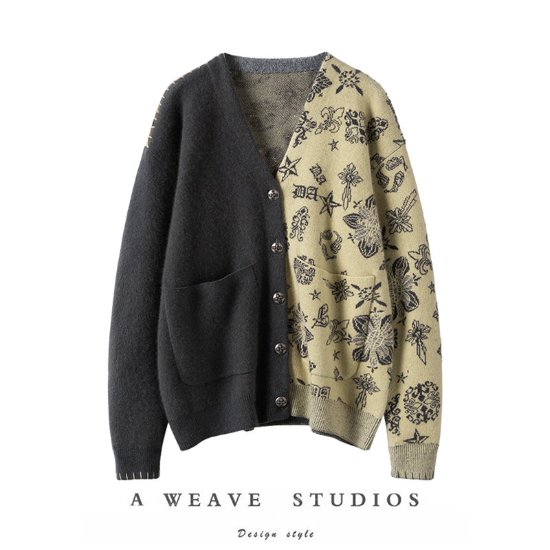 拼接V领提花纯羊绒针织毛衣开衫