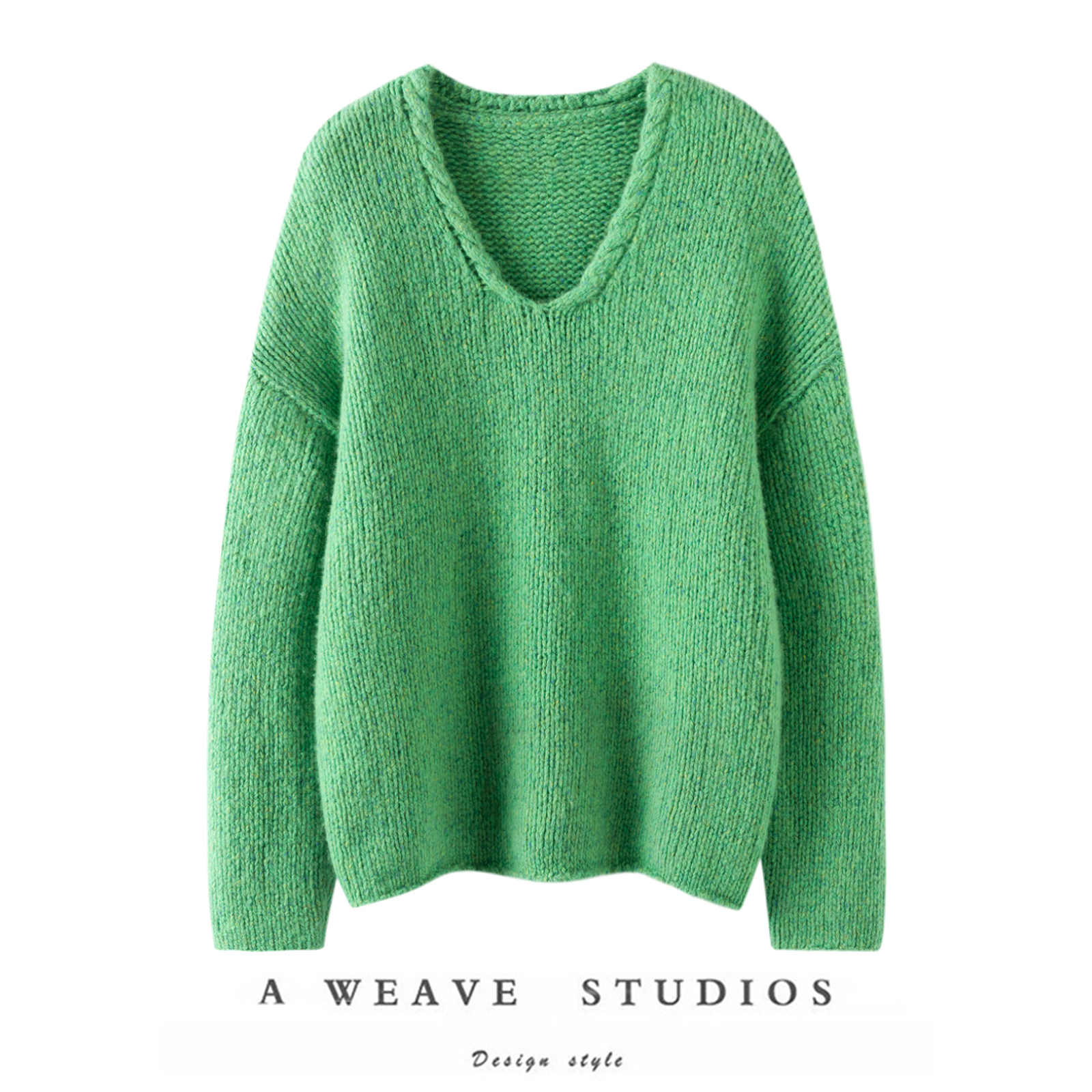 绒暖斯特官方〓绒+〓果绿色复古花纱绞花V领粗针羊绒衫毛衣上衣女