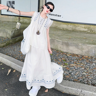 女童裙子夏季新款2026中大童飞袖上衣长裙时尚海边两件套女孩套装