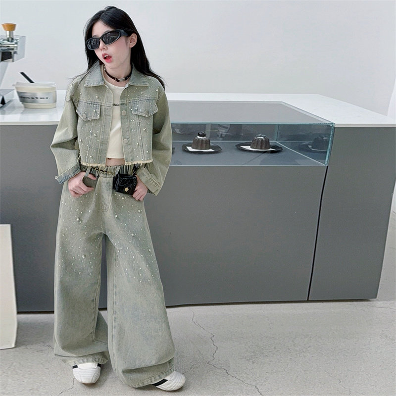 女童春秋套装2026韩版新款中大童时尚牛仔外套长裤女孩爆款两件套