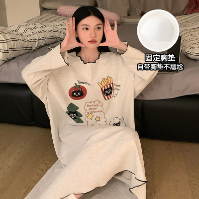 ins风睡裙女春秋季长袖可爱2025年新款带胸垫爆款大码纯欲家居服