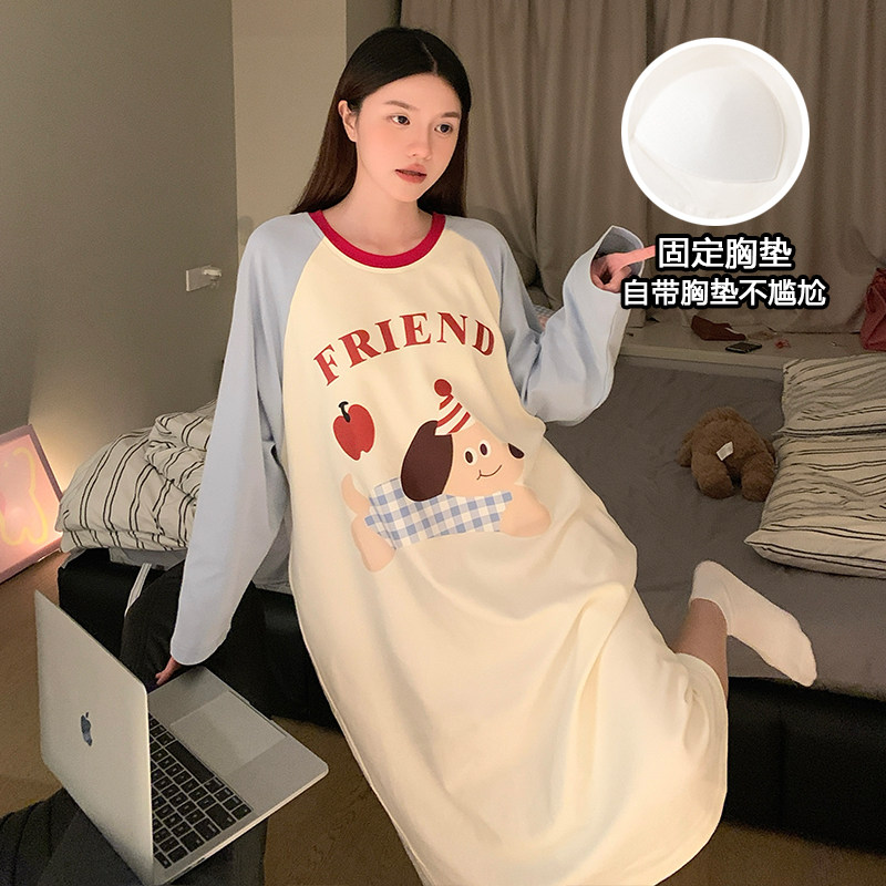 超火睡裙女春秋季长袖2025年新款带胸垫爆款大码学生家居服可外穿