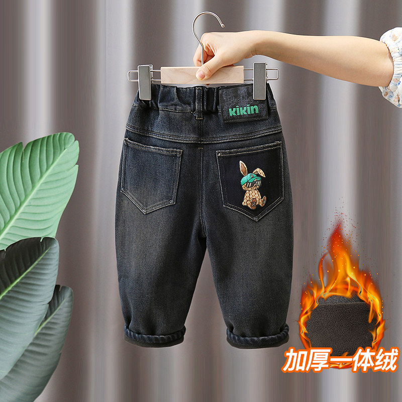 儿童加绒牛仔裤男童一体绒裤子