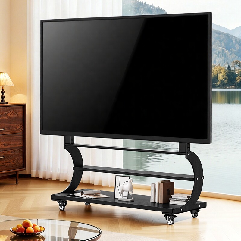 贝石可移动电视落地电视柜支架实木客厅带轮艺术推车75/85/100寸