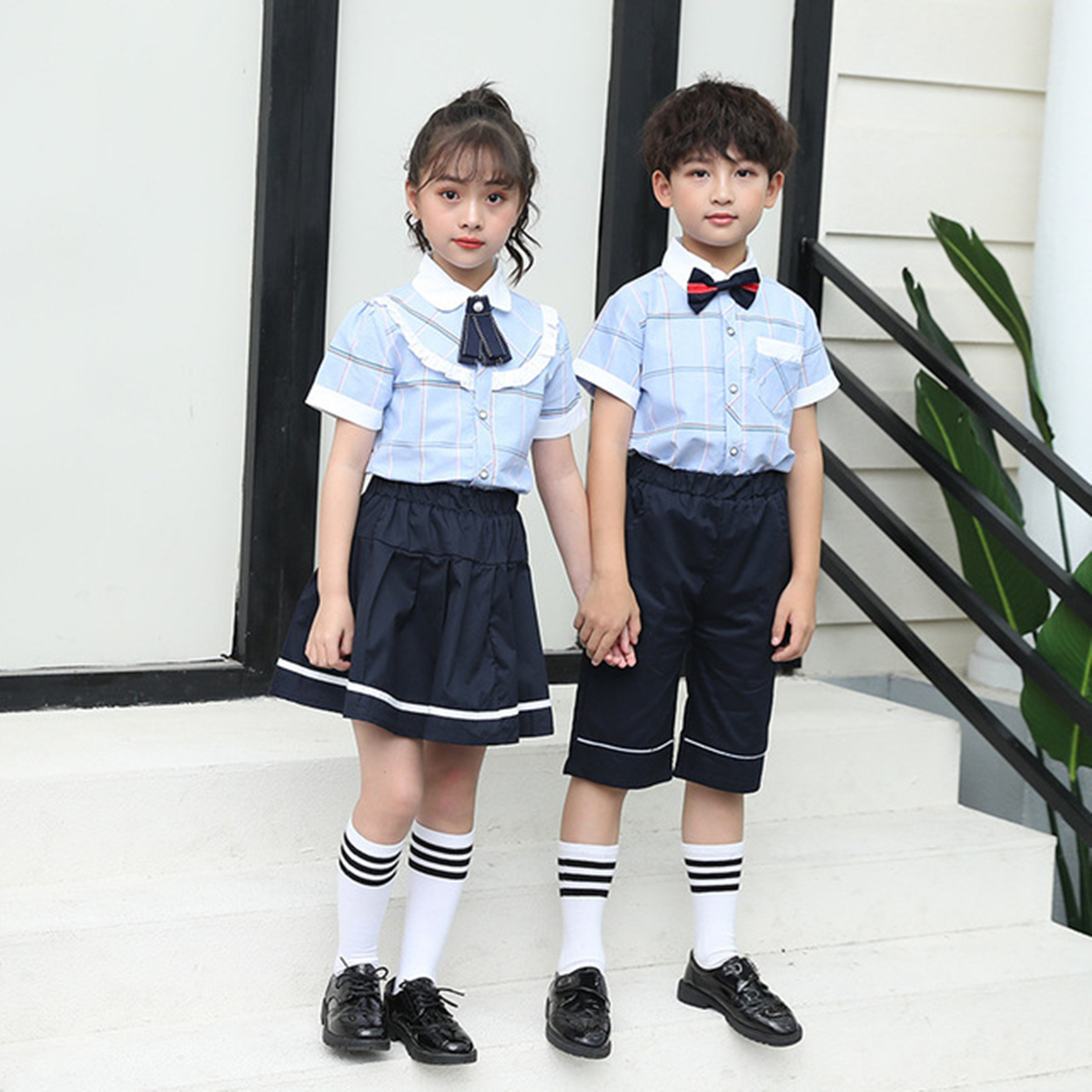 幼儿园园服夏季校服小学生班服蓝色短袖格子衬衫男女童短裙子套装