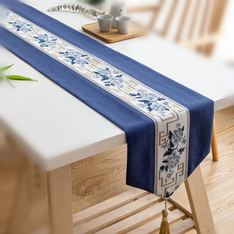 蓝色新中式禅意桌旗餐桌布艺长条棉麻茶席电视柜茶几轻奢风装饰,居家布艺,桌旗,淘宝优惠券,粉丝福利购,淘宝优惠卷