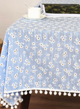 法式小雏菊蓝色桌布 田园风长方形家用定制棉麻日系小清新ins台布