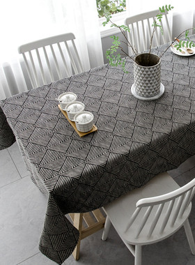 北欧风餐桌布黑色民族风桌布艺长方形现代简约文艺棉麻长方形茶几