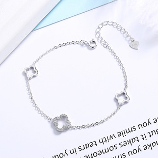 s925银 四叶幸运草手链女士韩版女生款个性时尚简约饰 品一件代发