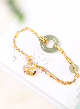 S925纯银创意平安扣青玉雕刻双喜葫芦手链天然和田玉碧玉玉石复古